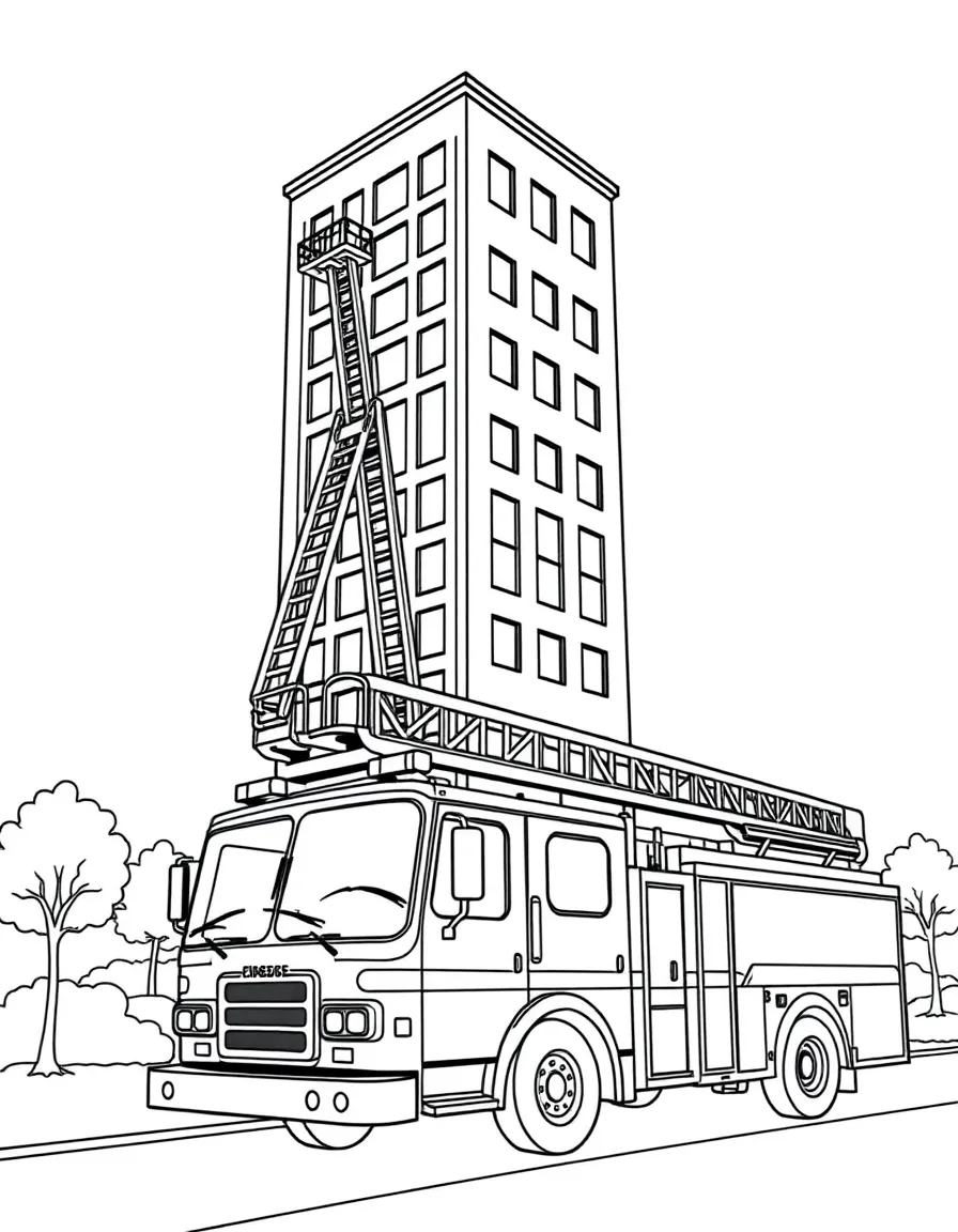 A fire engine with ladders extended to a tall building