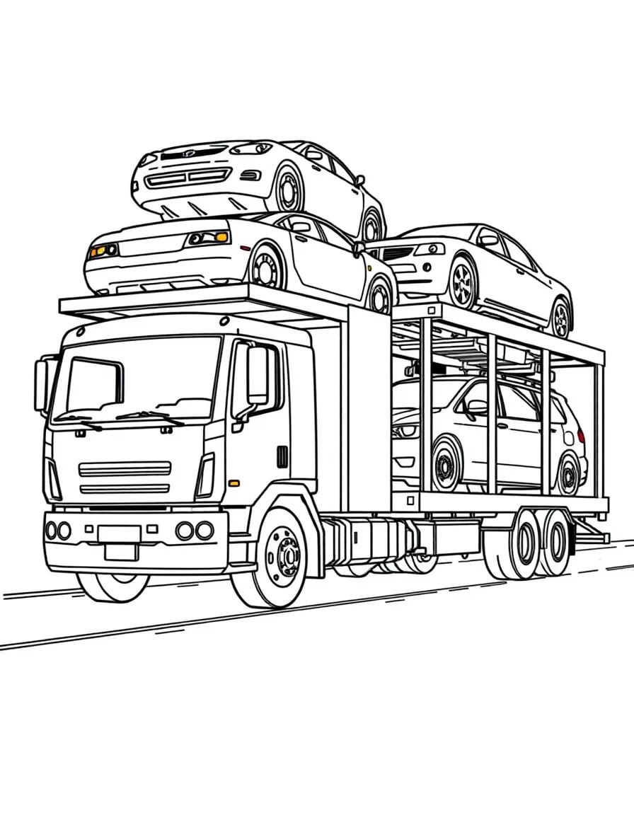A car carrier transport truck loaded with various vehicles