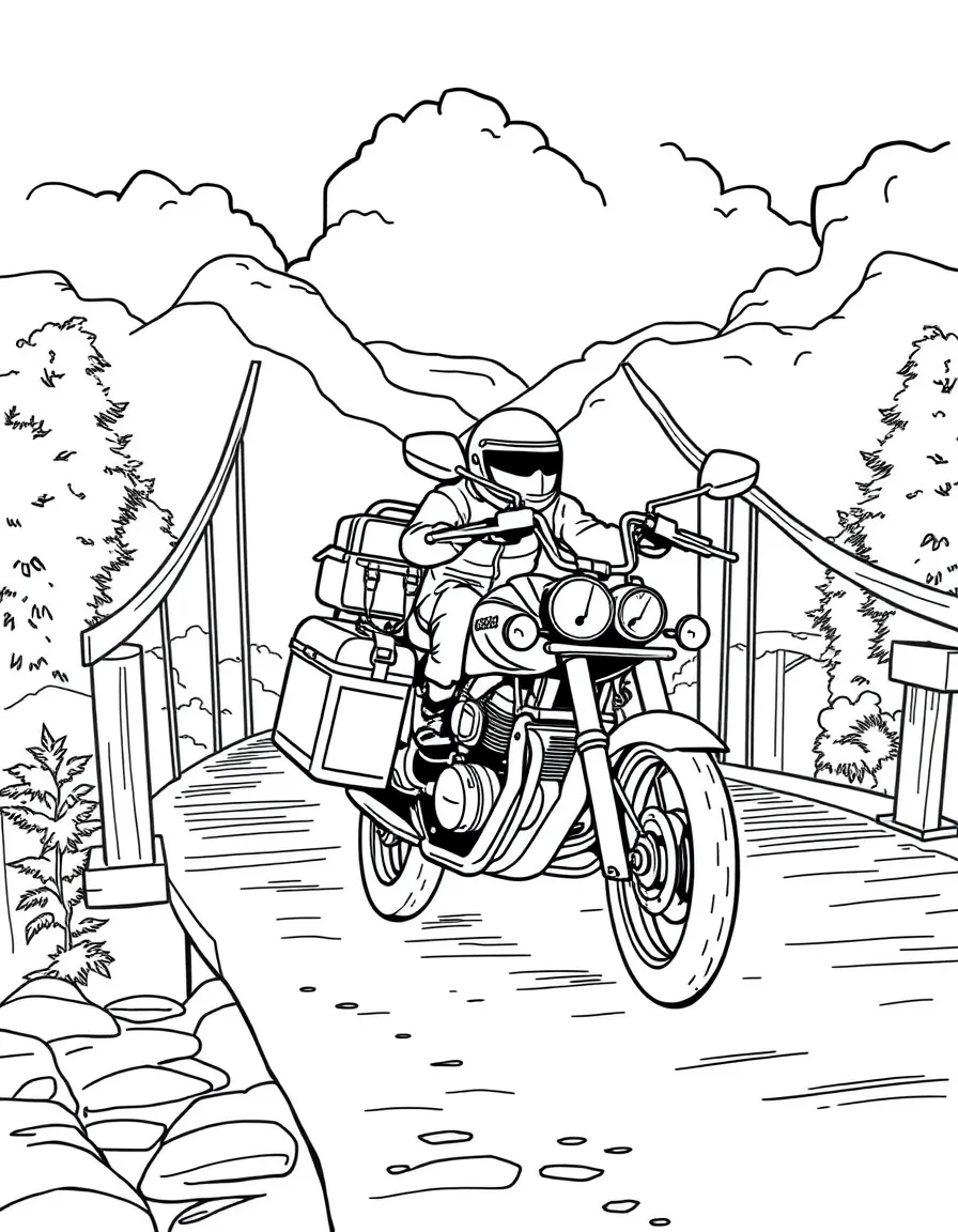 A touring motorcycle loaded with luggage crossing a bridge