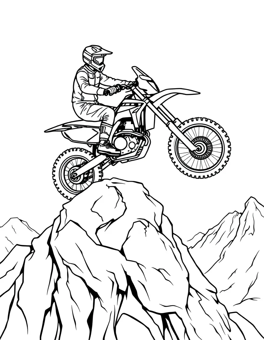A trials motorcycle balancing on a narrow rock formation