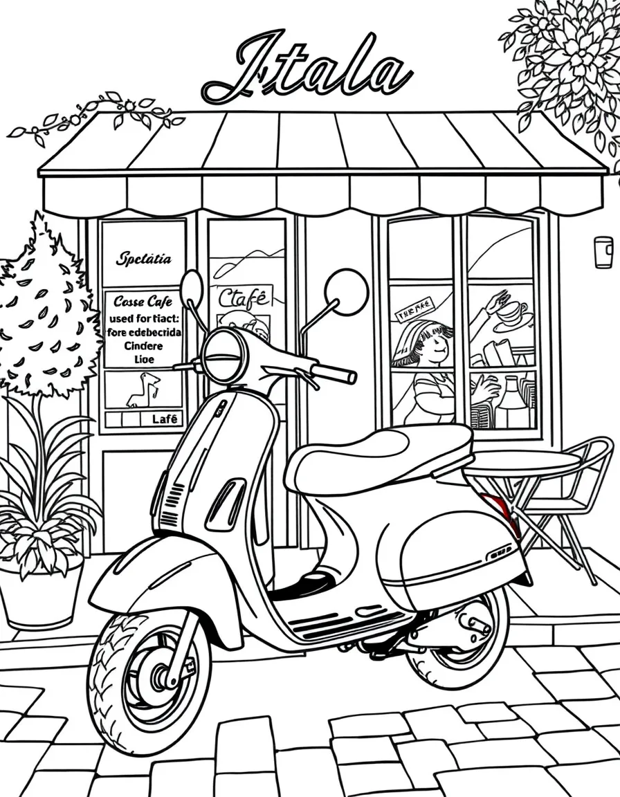 A vintage Vespa scooter parked outside an Italian café