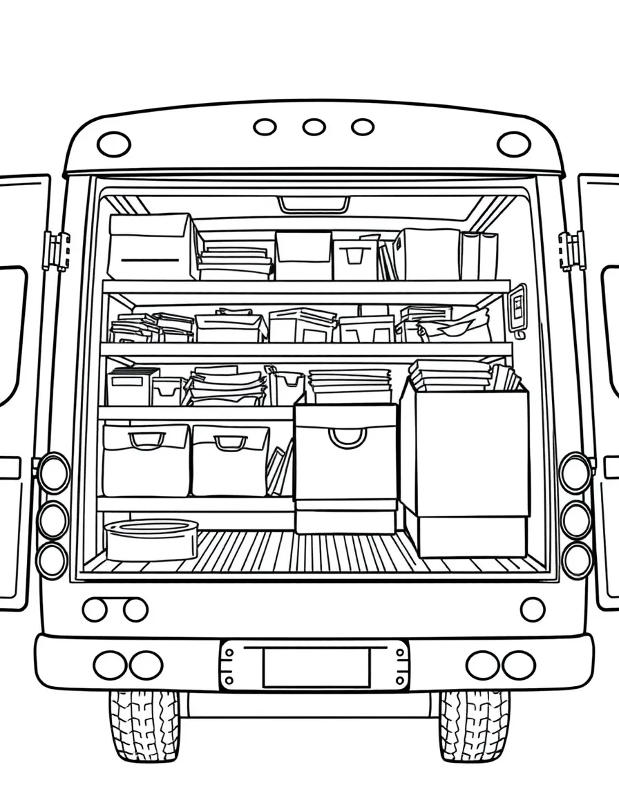 A mail delivery truck with detailed sorting shelves inside