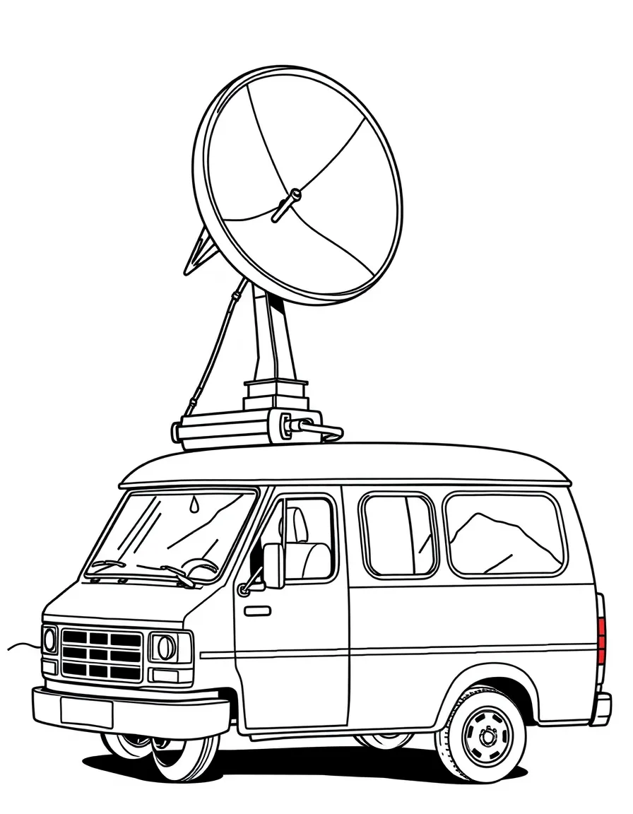 A news van with satellite dish extended upward