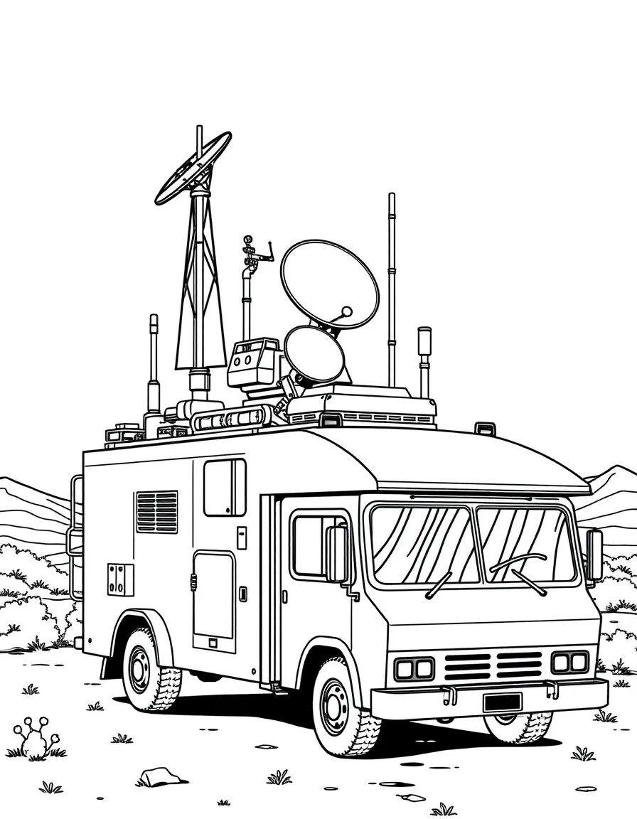 A mobile command center with antennas and satellite dishes
