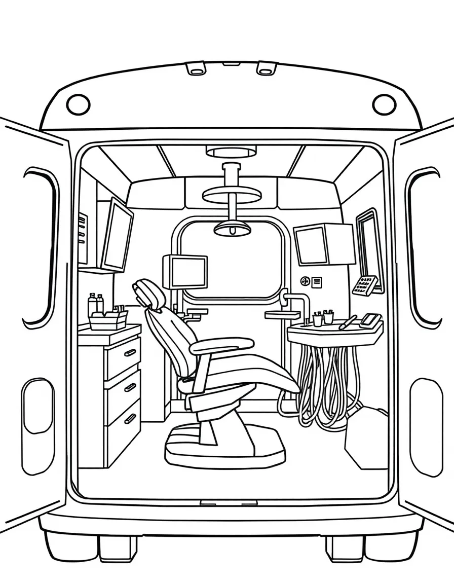 A mobile dental clinic with chair and equipment inside