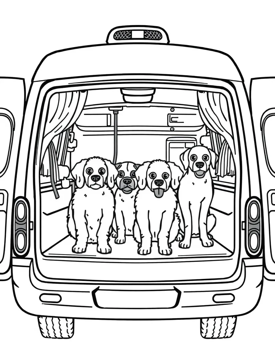 A mobile pet grooming van with dogs being groomed inside