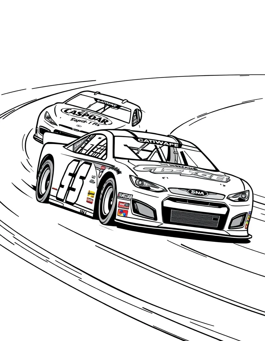 A NASCAR stock car drafting behind another racer