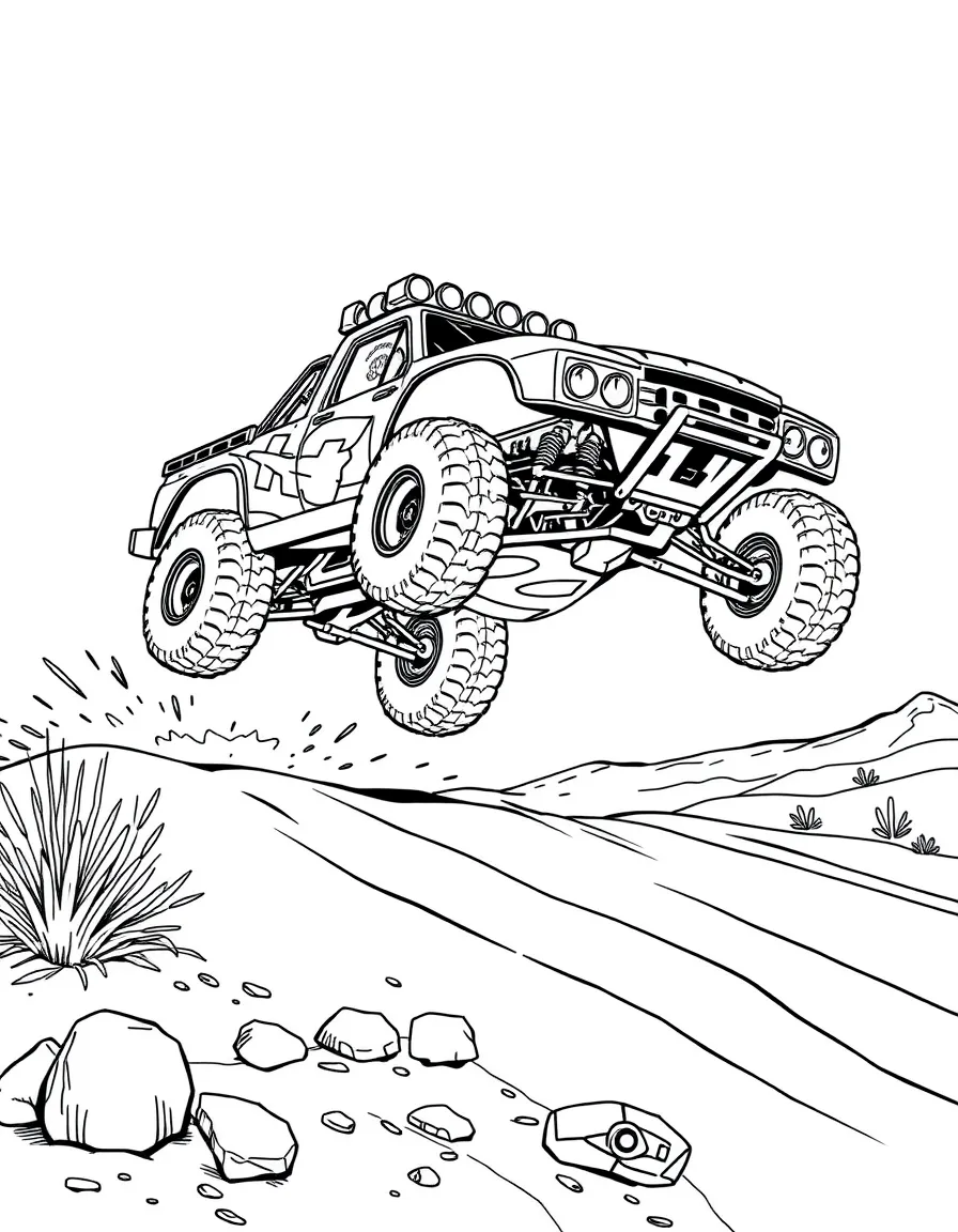 A Baja 1000 trophy truck catching air over desert terrain