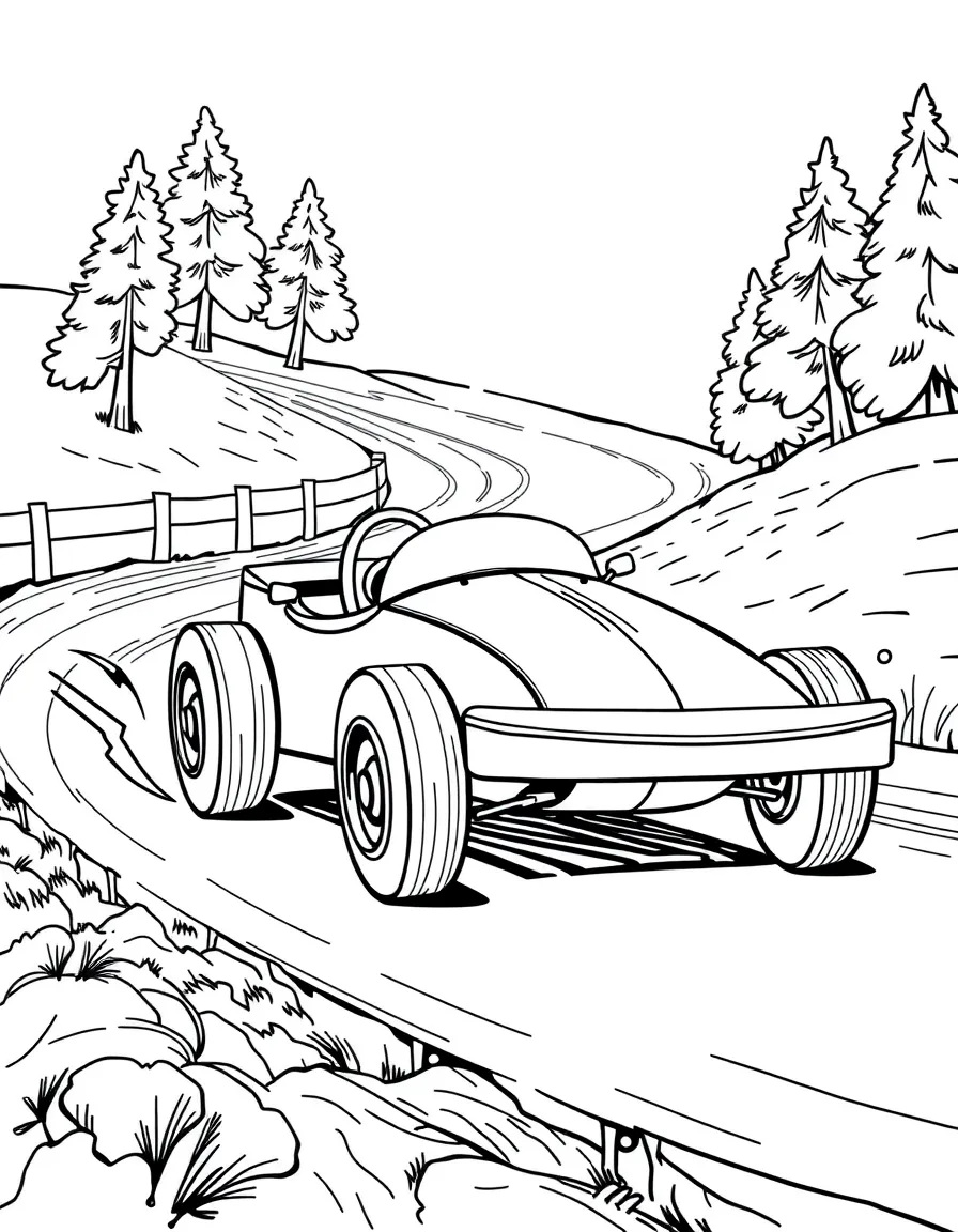 A soap box derby car on a downhill course