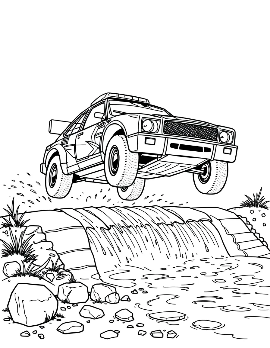 A rally cross car jumping over a water feature