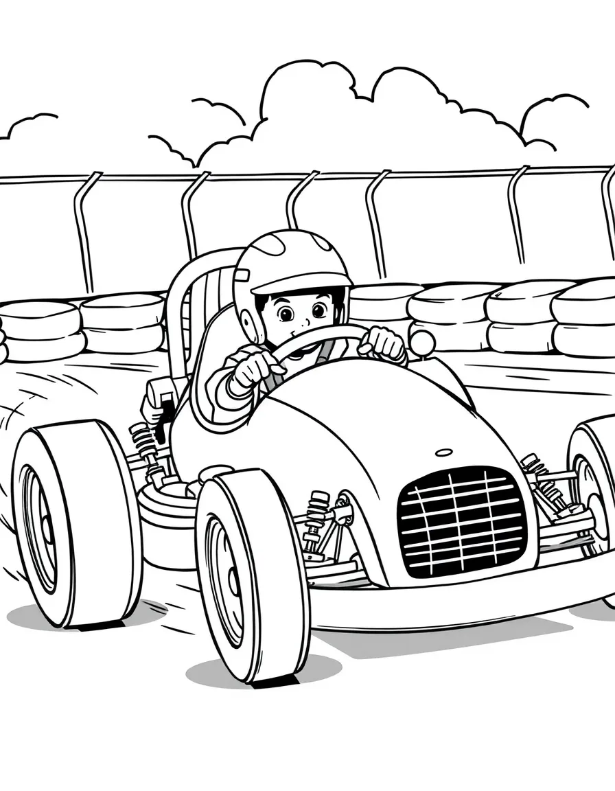 A quarter midget race car with young driver