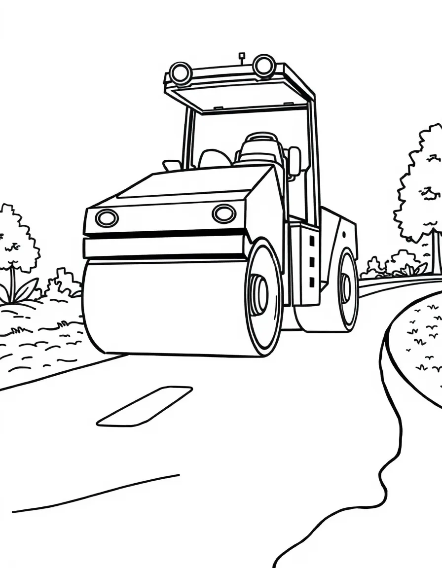 A road roller flattening fresh asphalt