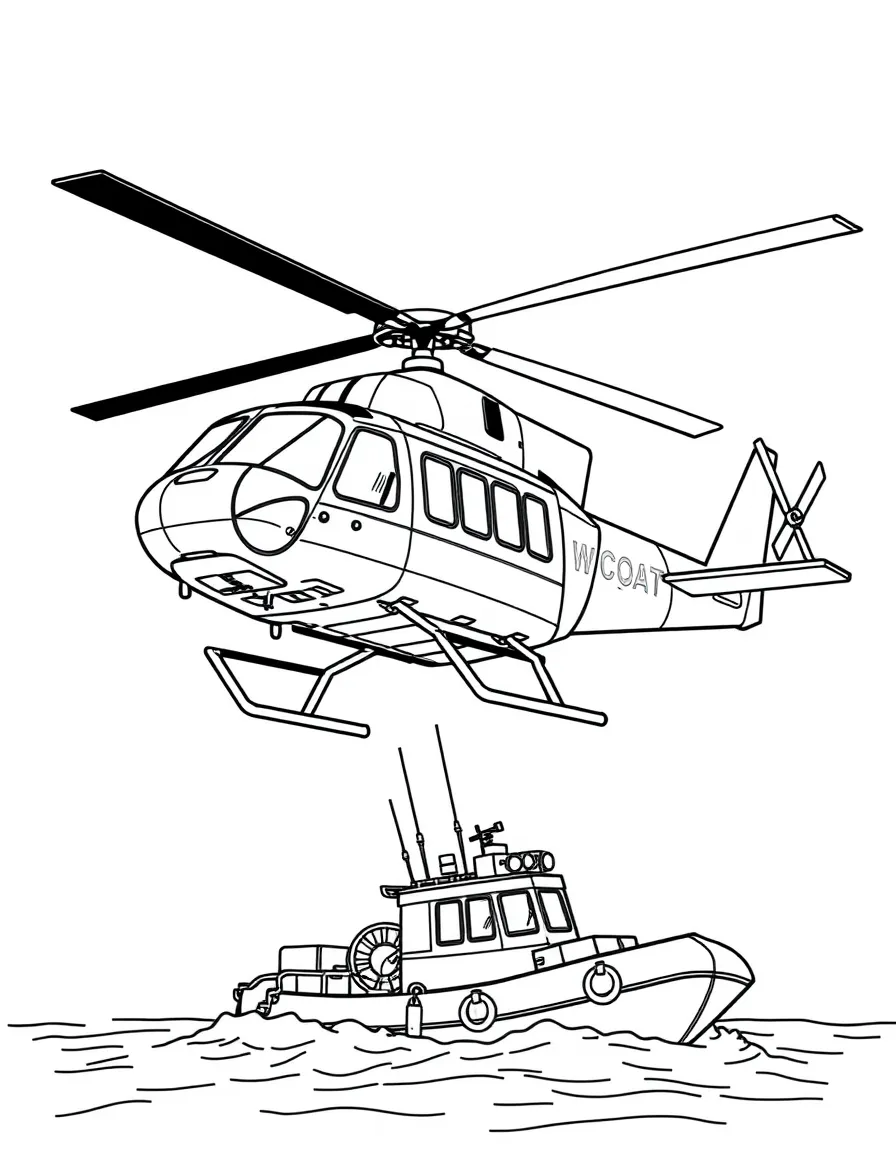 A coast guard helicopter hovering over a rescue boat