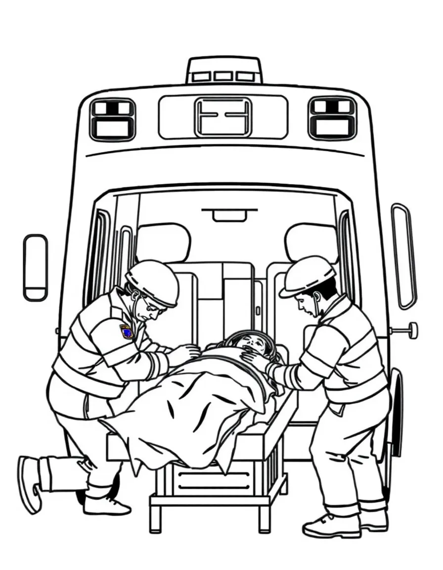 An ambulance with paramedics treating a patient