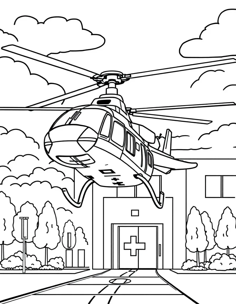 A medical evacuation helicopter landing at a hospital