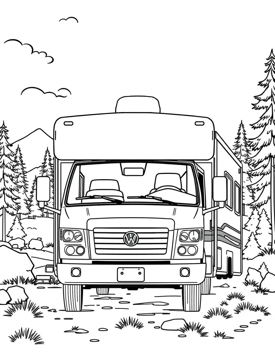A detailed RV with slide-outs extended at a campsite