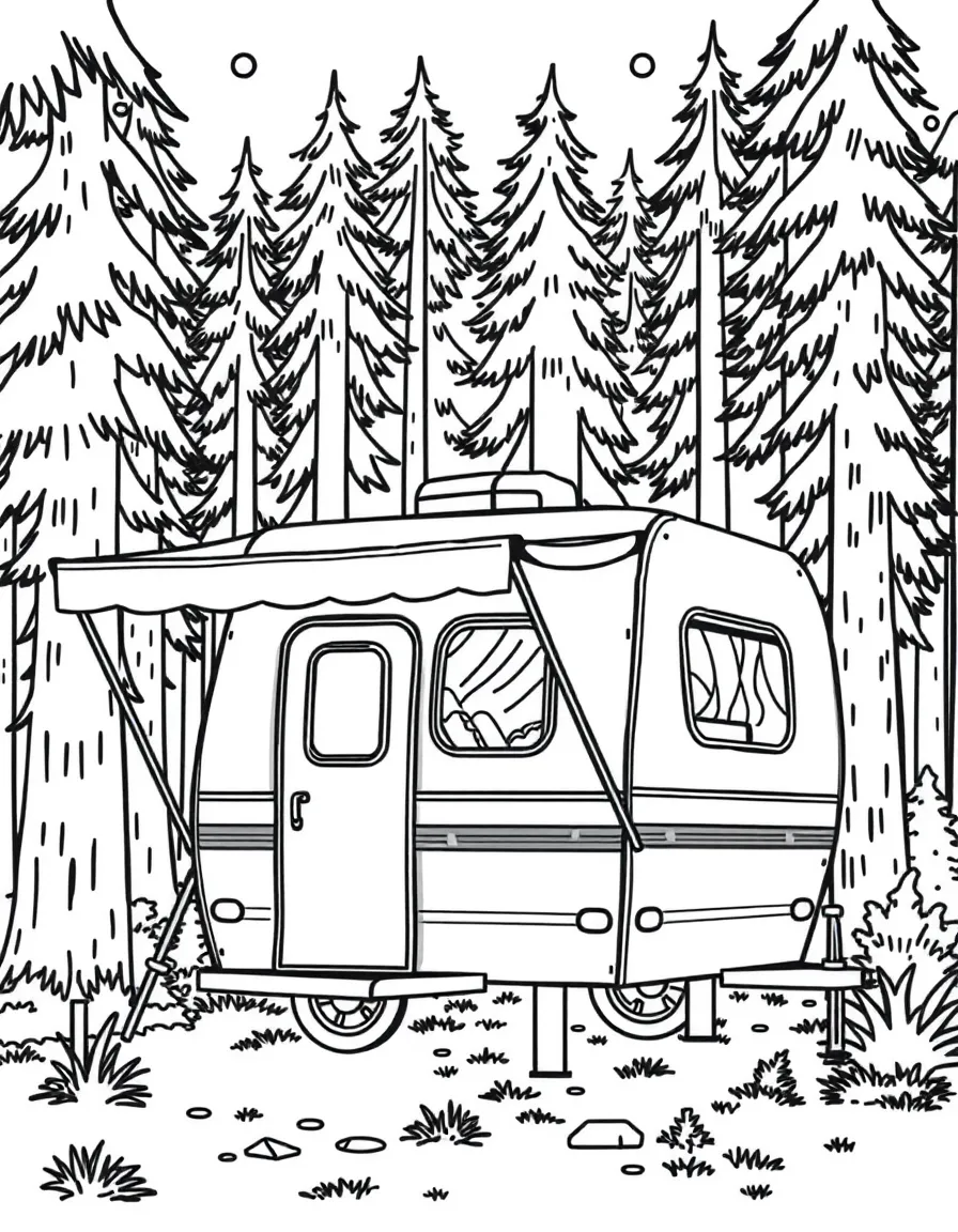 A pop-up camper with awning extended in a forest