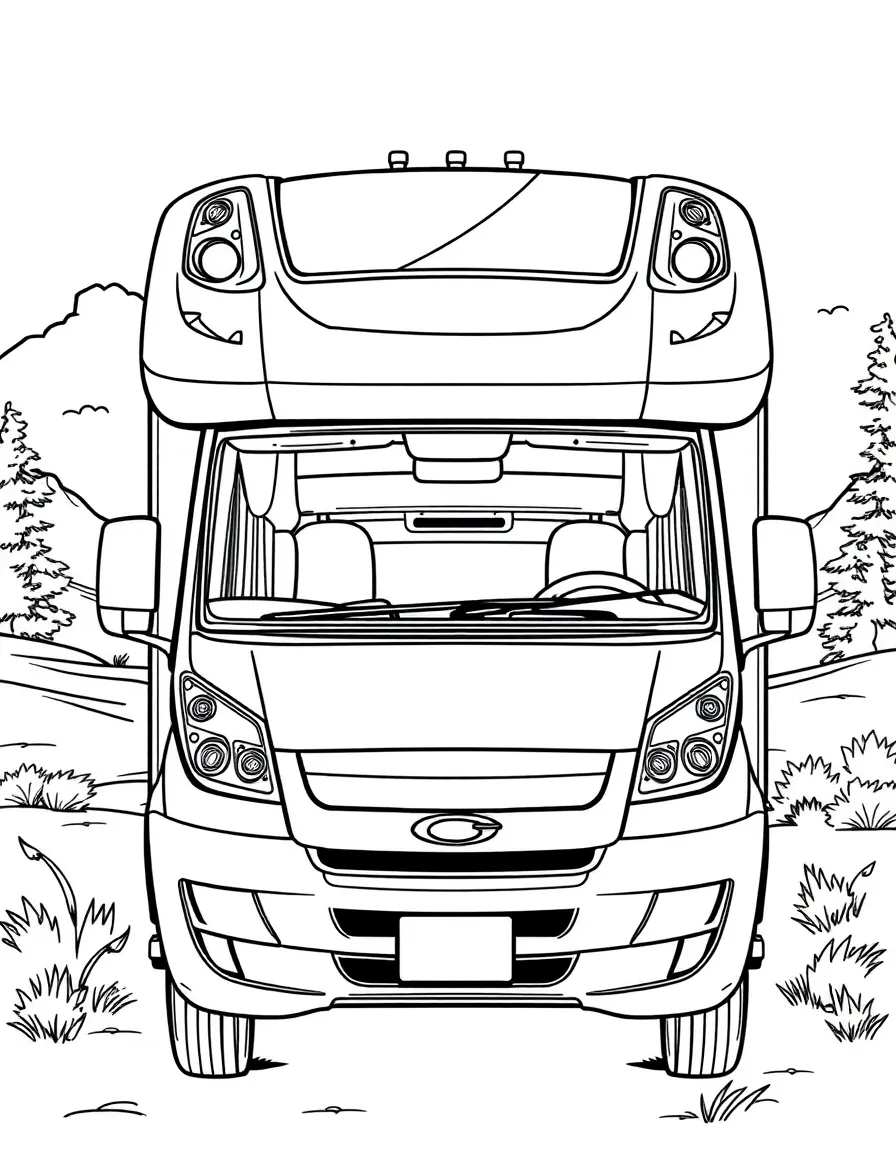 A Class A motorhome with detailed interior visible