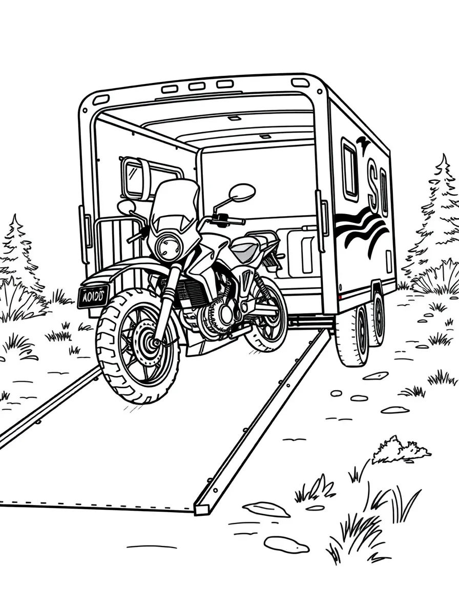 A toy hauler with motorcycle loading on the ramp