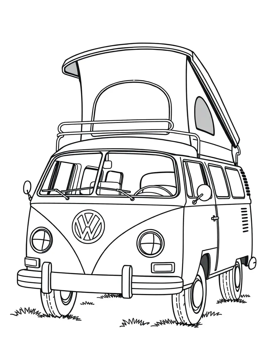 A VW camper van with pop-top roof extended