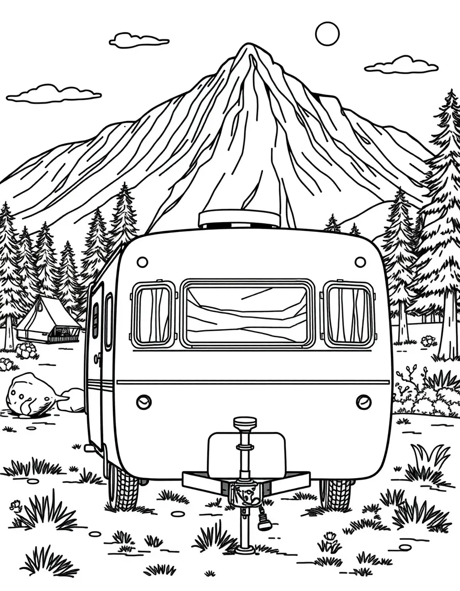 A lightweight travel trailer at a picturesque campsite