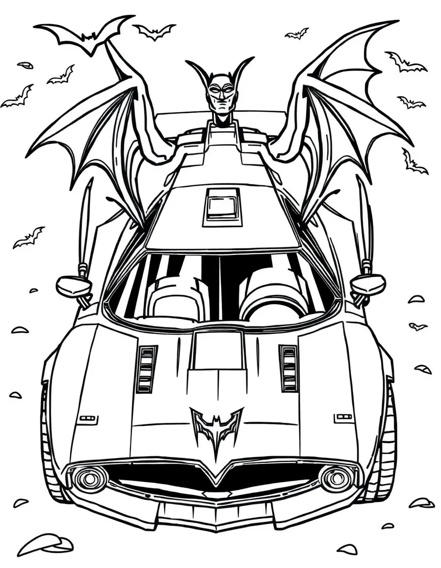 The Batmobile with detailed bat-themed accessories