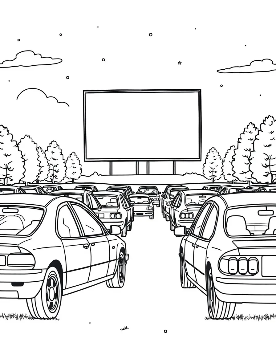 A drive-in movie theater with various cars parked watching