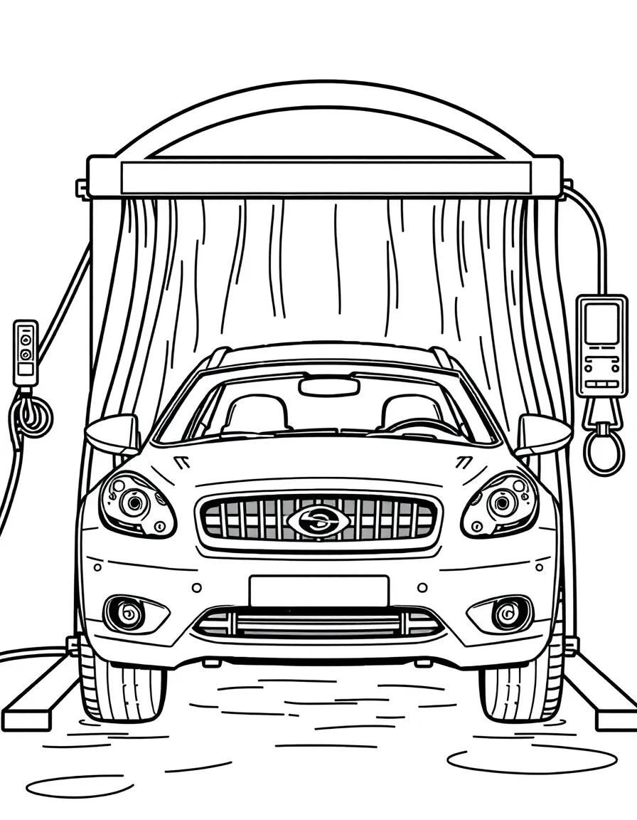 A detailed car wash with vehicle going through cleaning stages