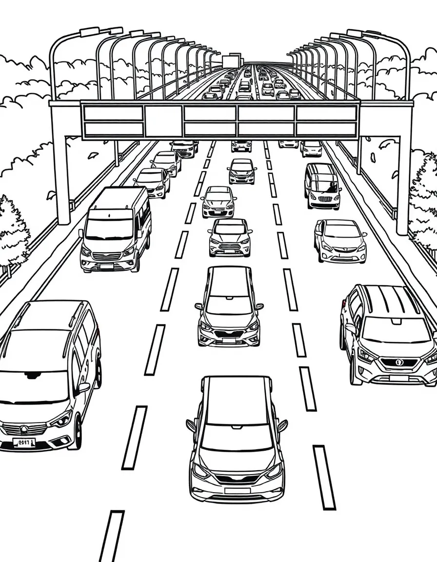 A busy highway with different types of vehicles in traffic