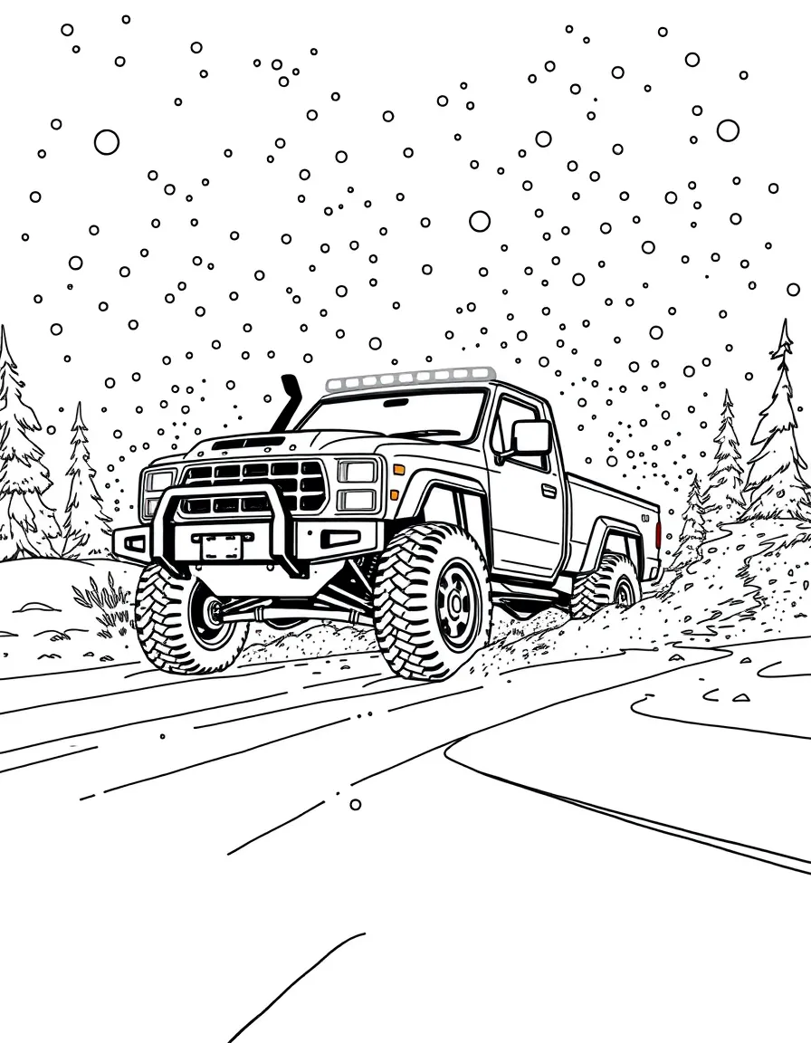 A 4x4 truck driving through a raging blizzard