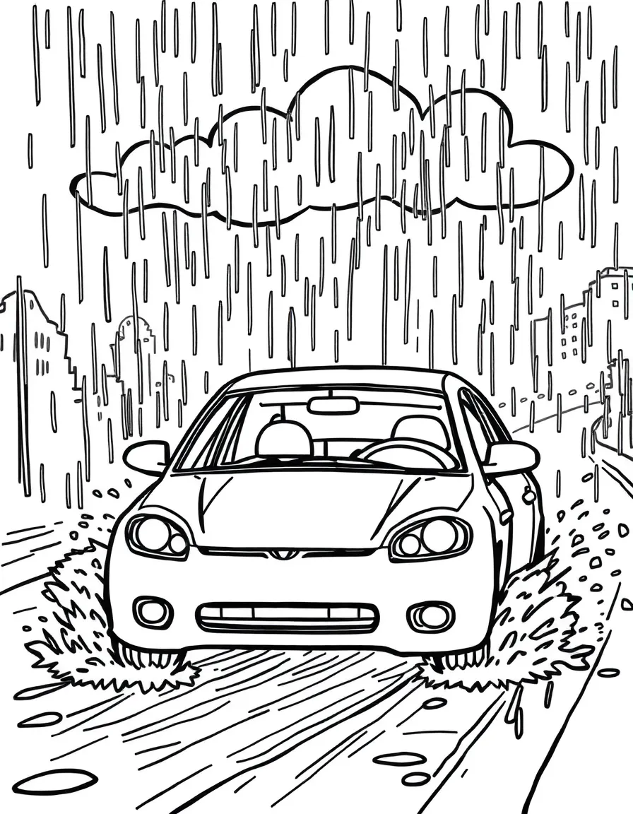 A car hydroplaning through a heavy rainstorm
