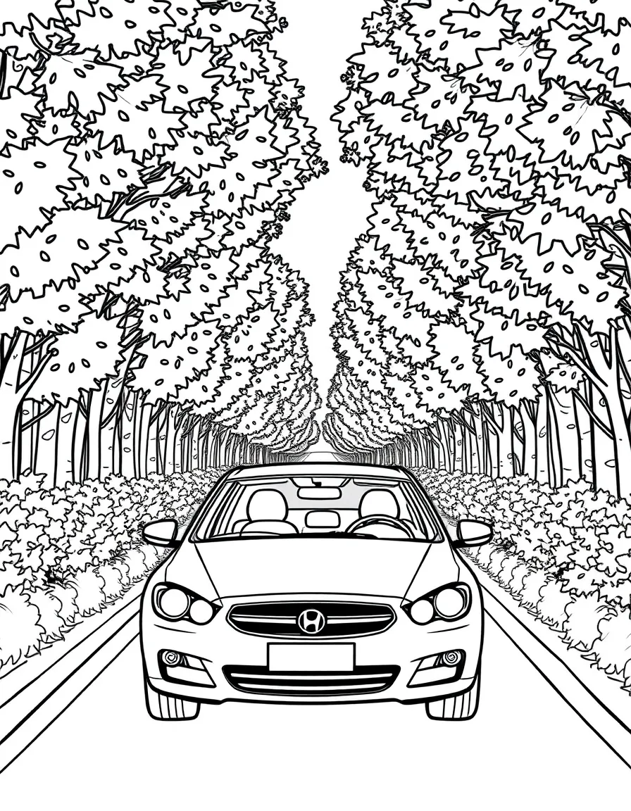 A car driving through a tunnel of fall foliage