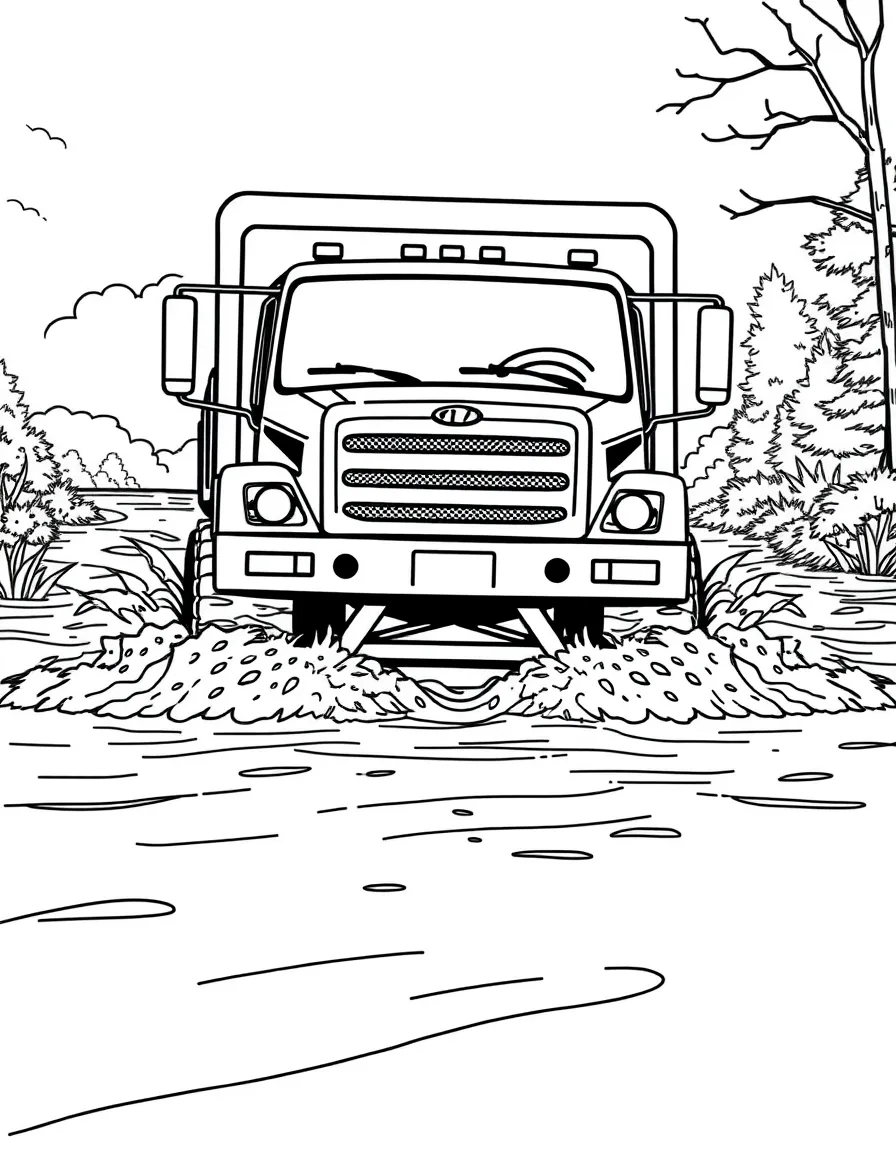 A truck driving through deep floodwaters