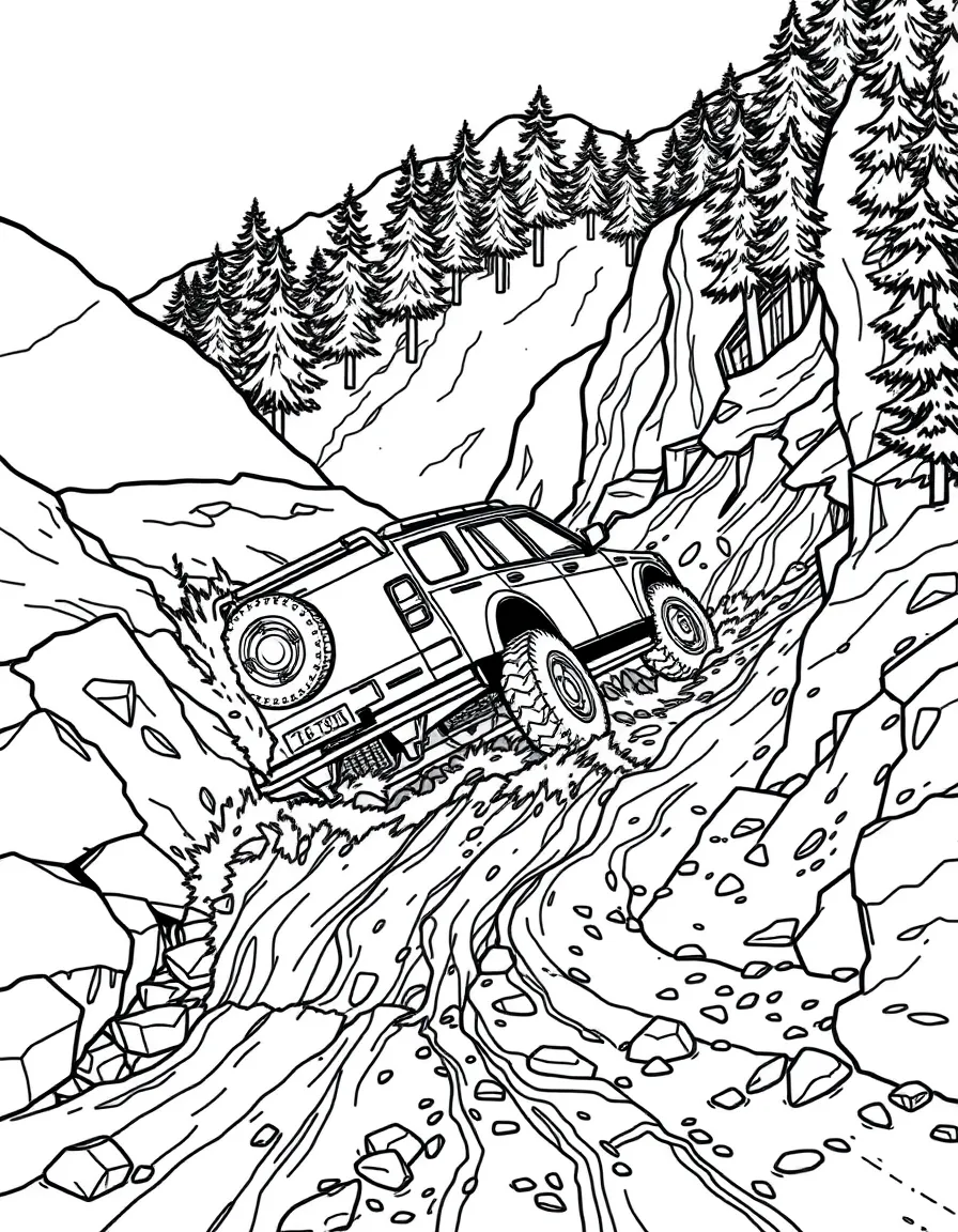 A vehicle caught in a mudslide on a mountain road