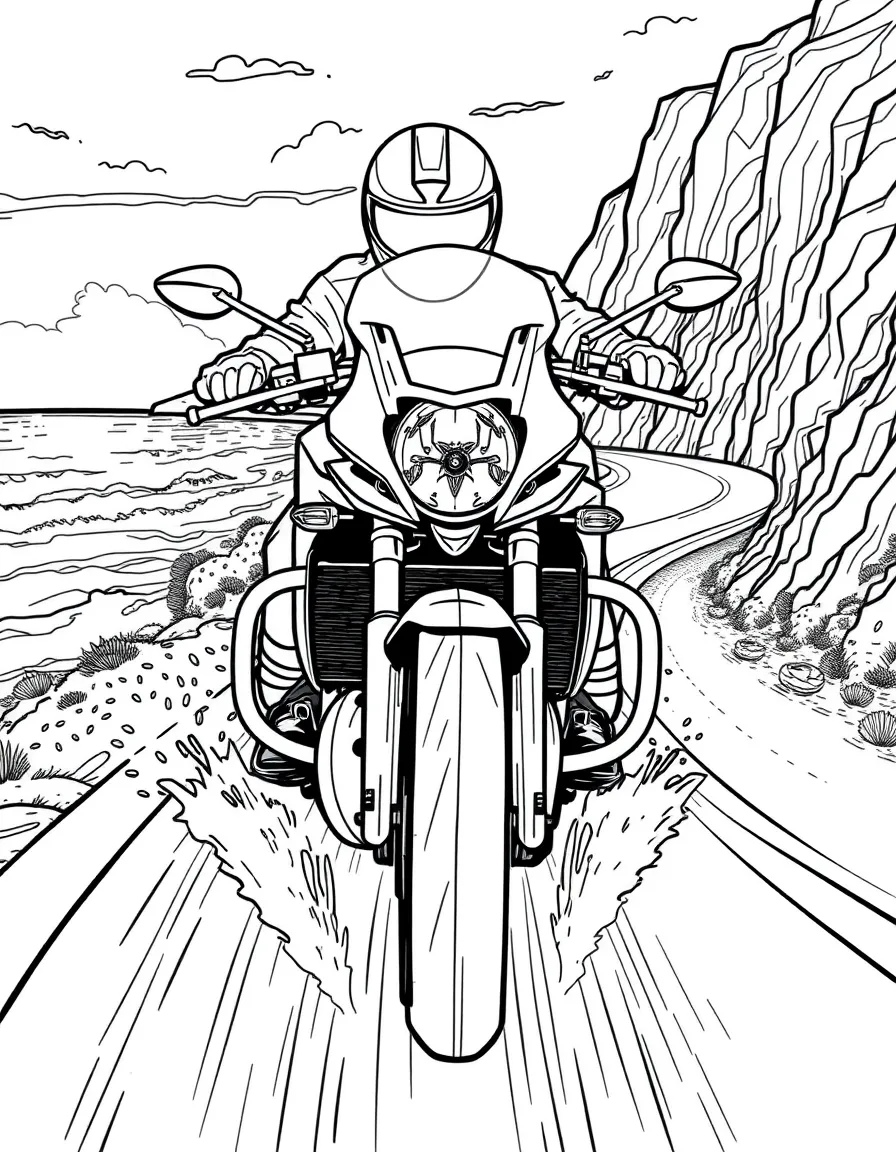 A motorcycle racing along a coastal road with sea spray