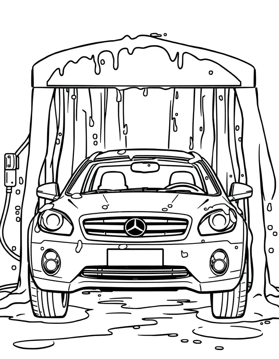 A vehicle in a car wash with soap and water effects