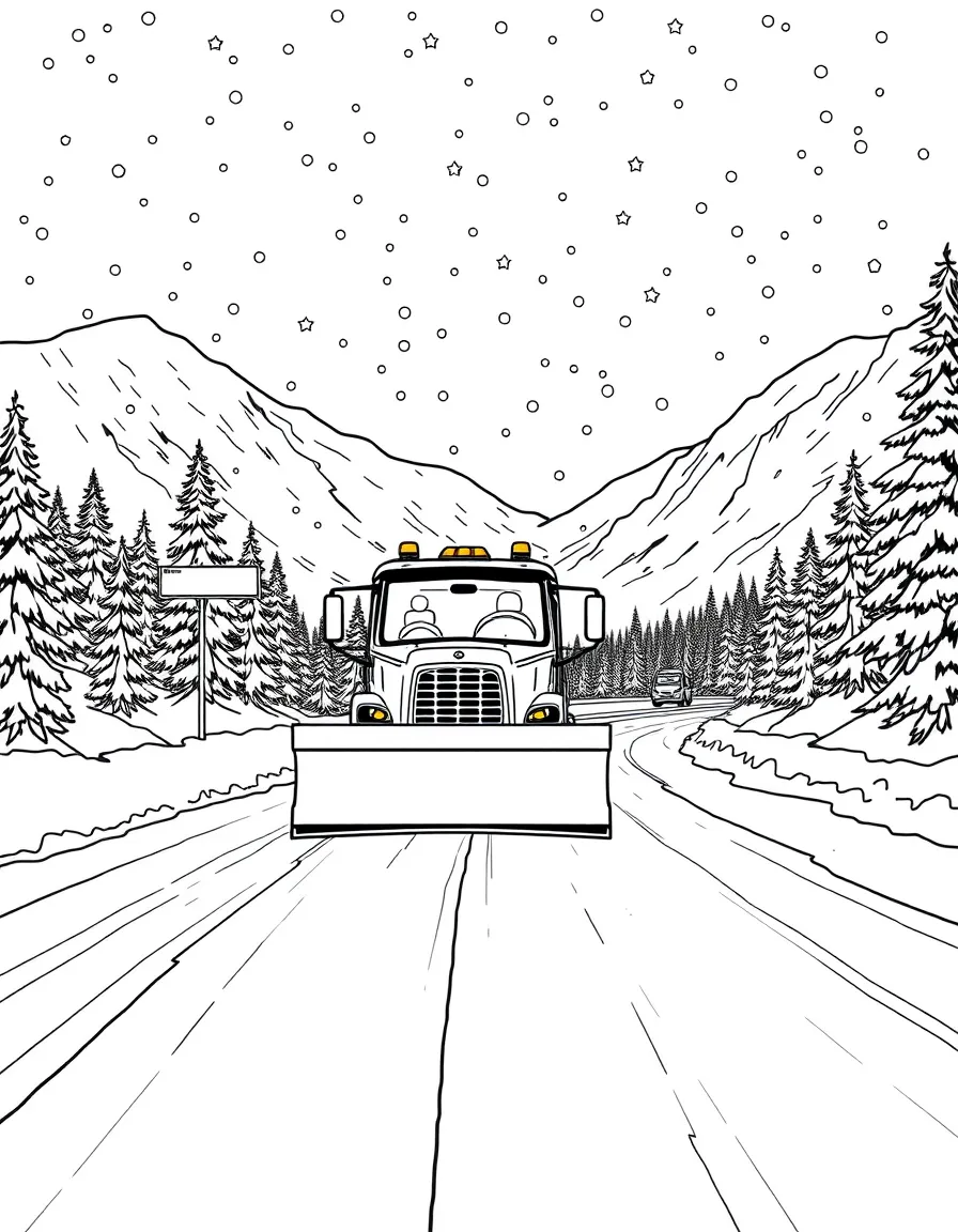 A snowplow clearing a mountain highway in a blizzard