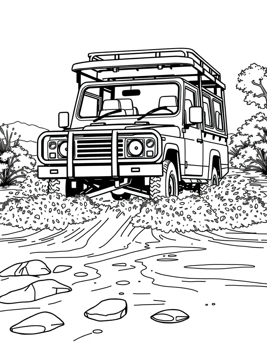 A safari vehicle crossing a river with splashing water