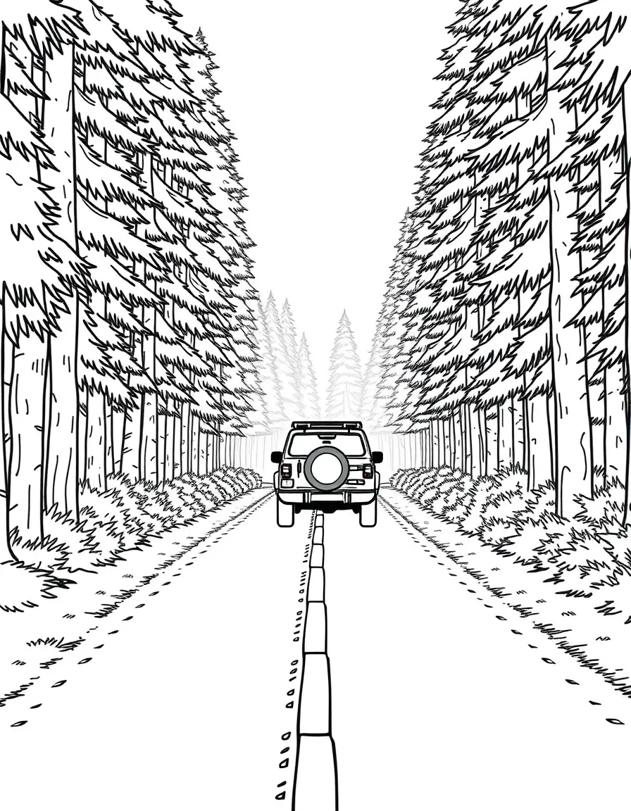A vehicle emerging from a foggy forest road