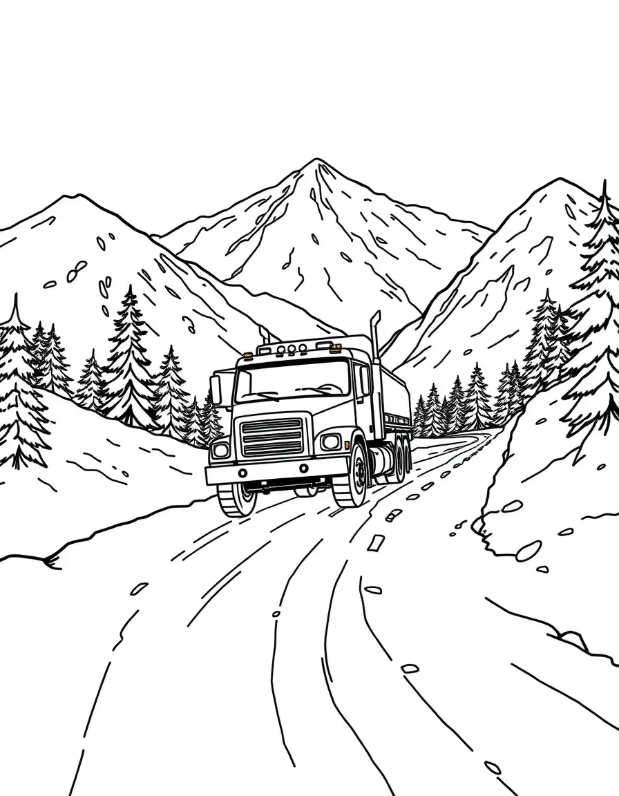 A truck climbing a snow-covered mountain pass