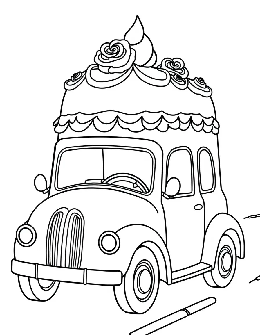 A cake-shaped parade car with decorative frosting