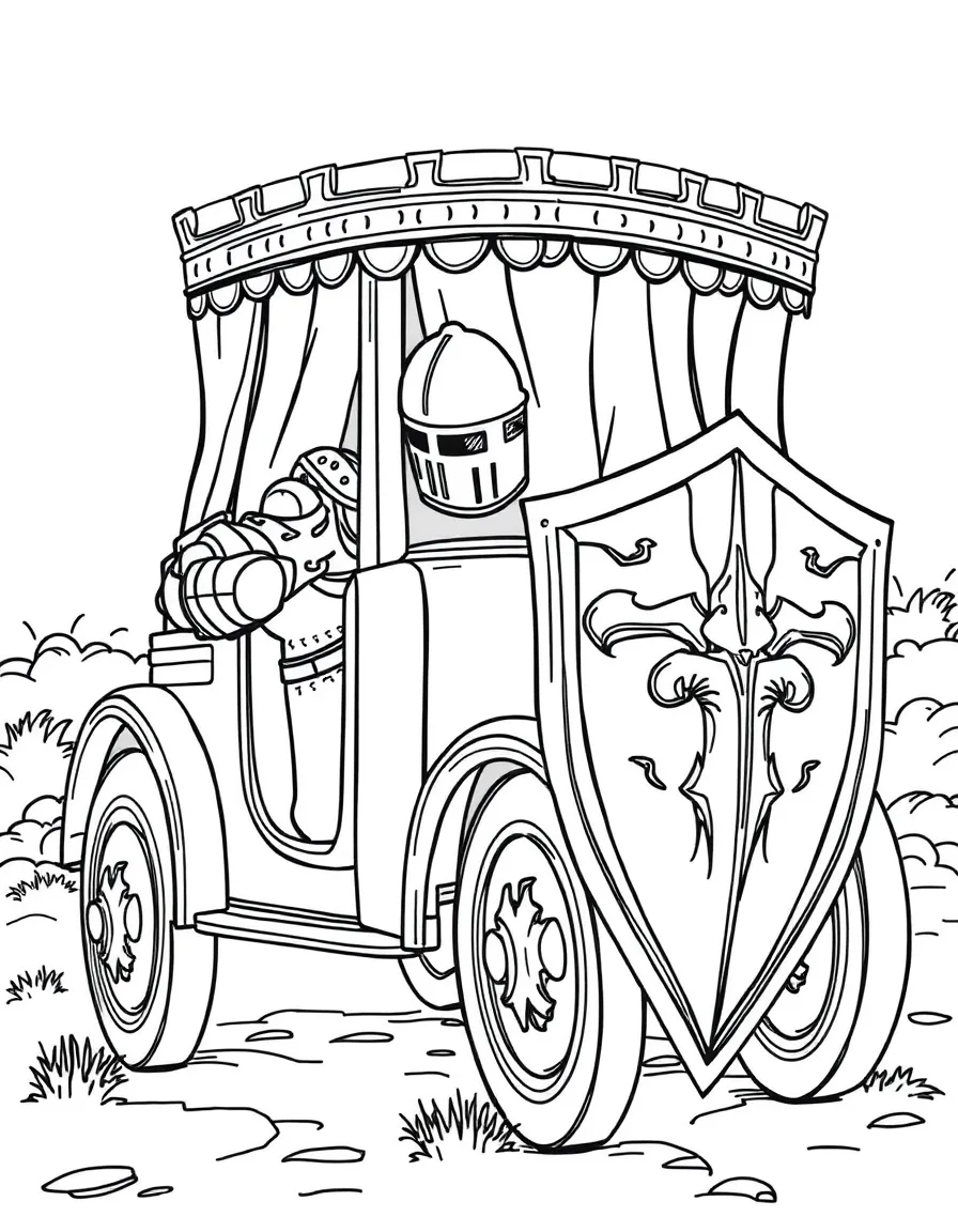 A medieval knight's car with armor plating and shield