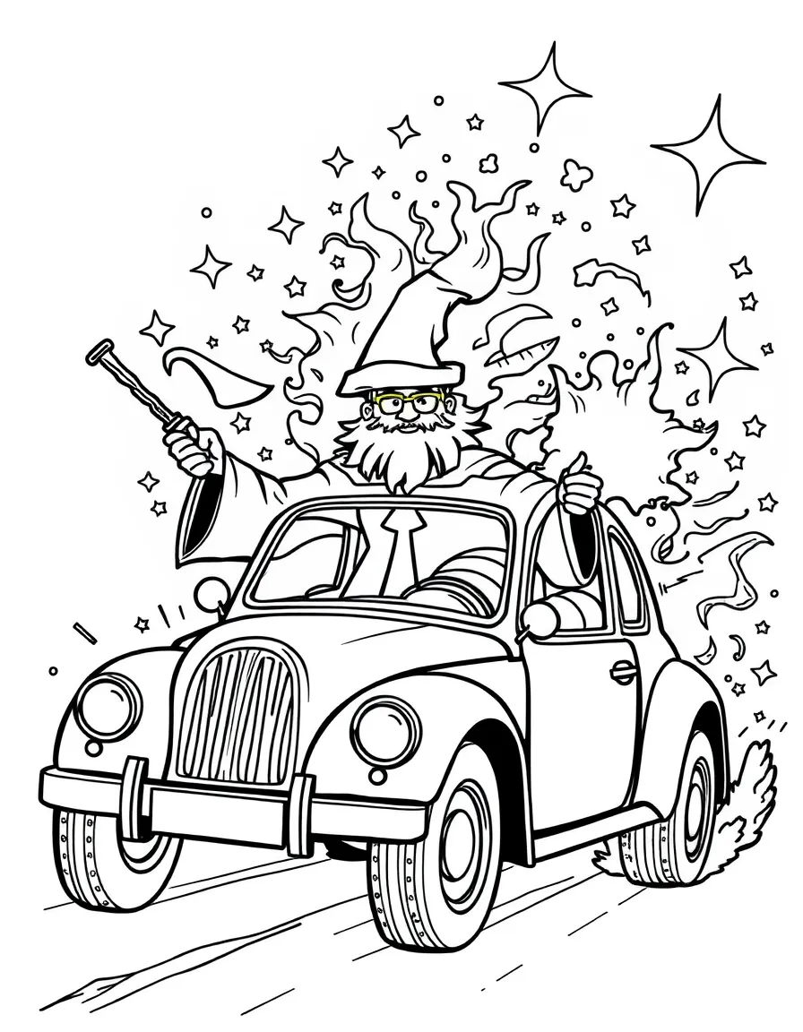 A magical wizard's car shooting sparks and stars