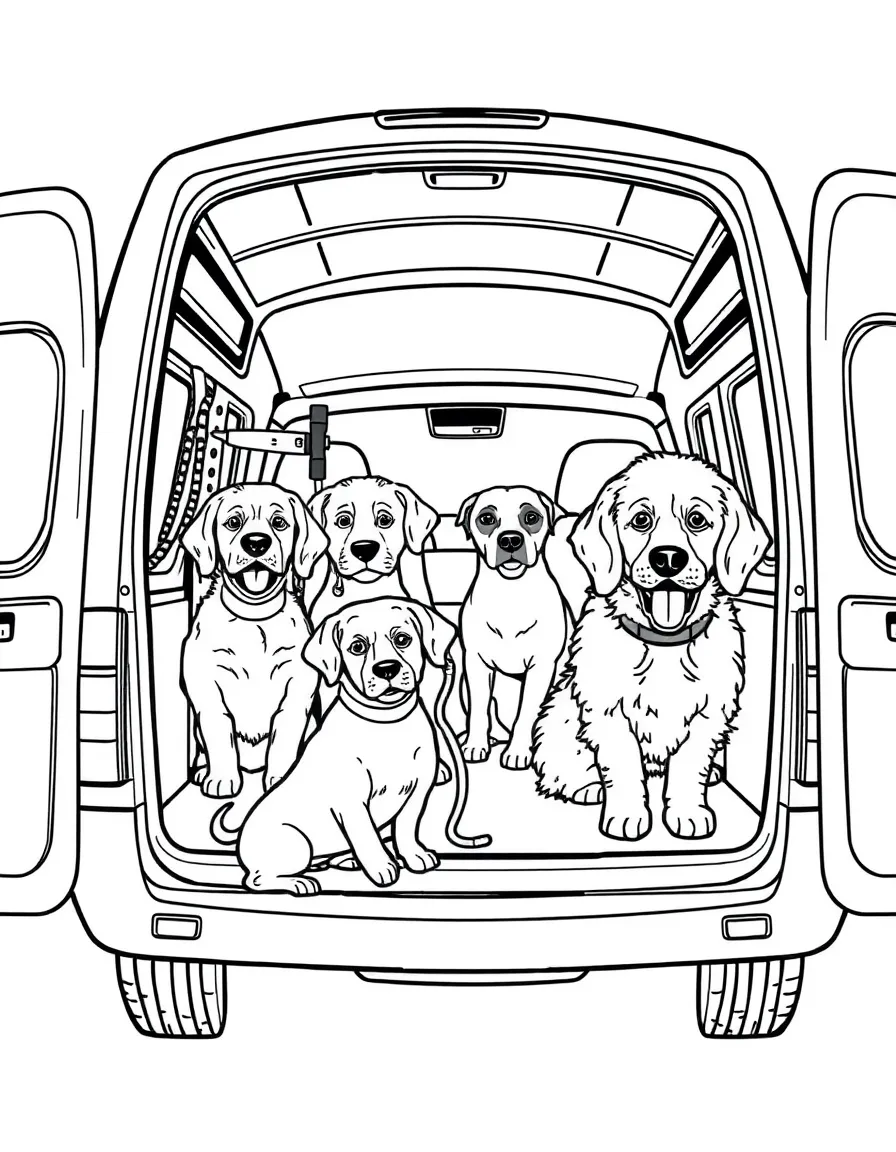 A dog grooming van with detailed dogs being groomed inside