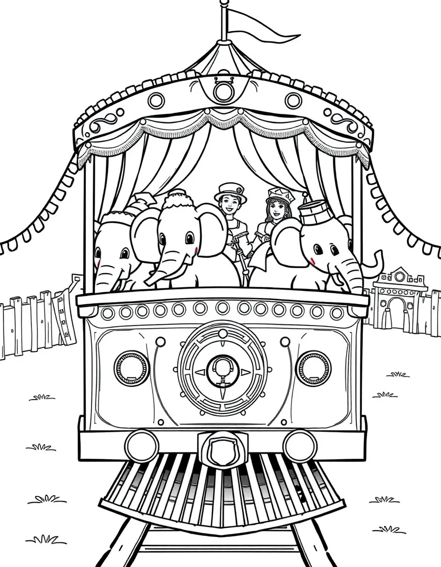 A circus train car with elephants and performers
