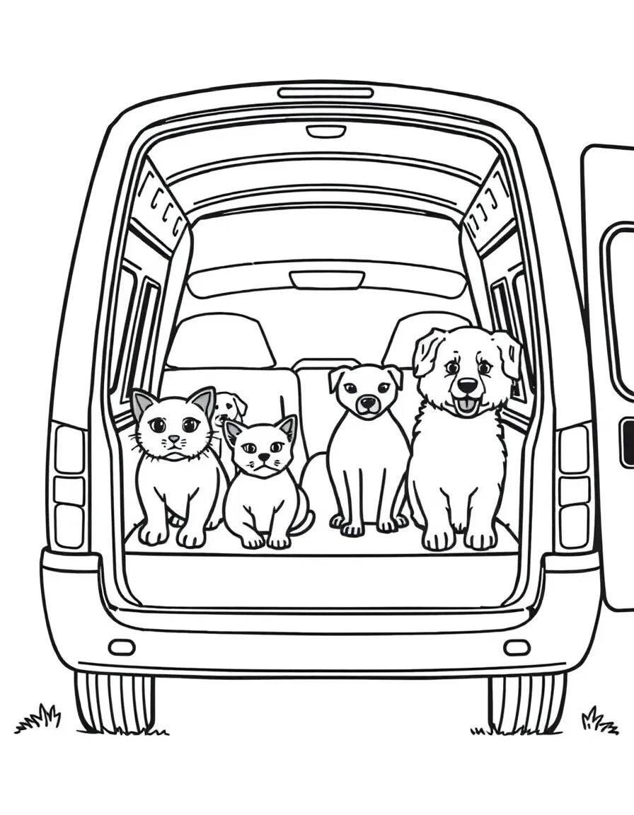 A pet transport van with cats and dogs visible inside