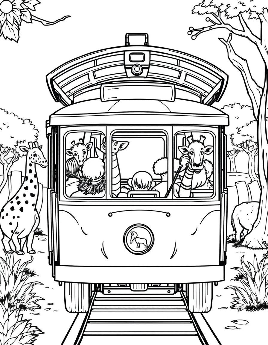 A zoo tour tram with visitors viewing animals
