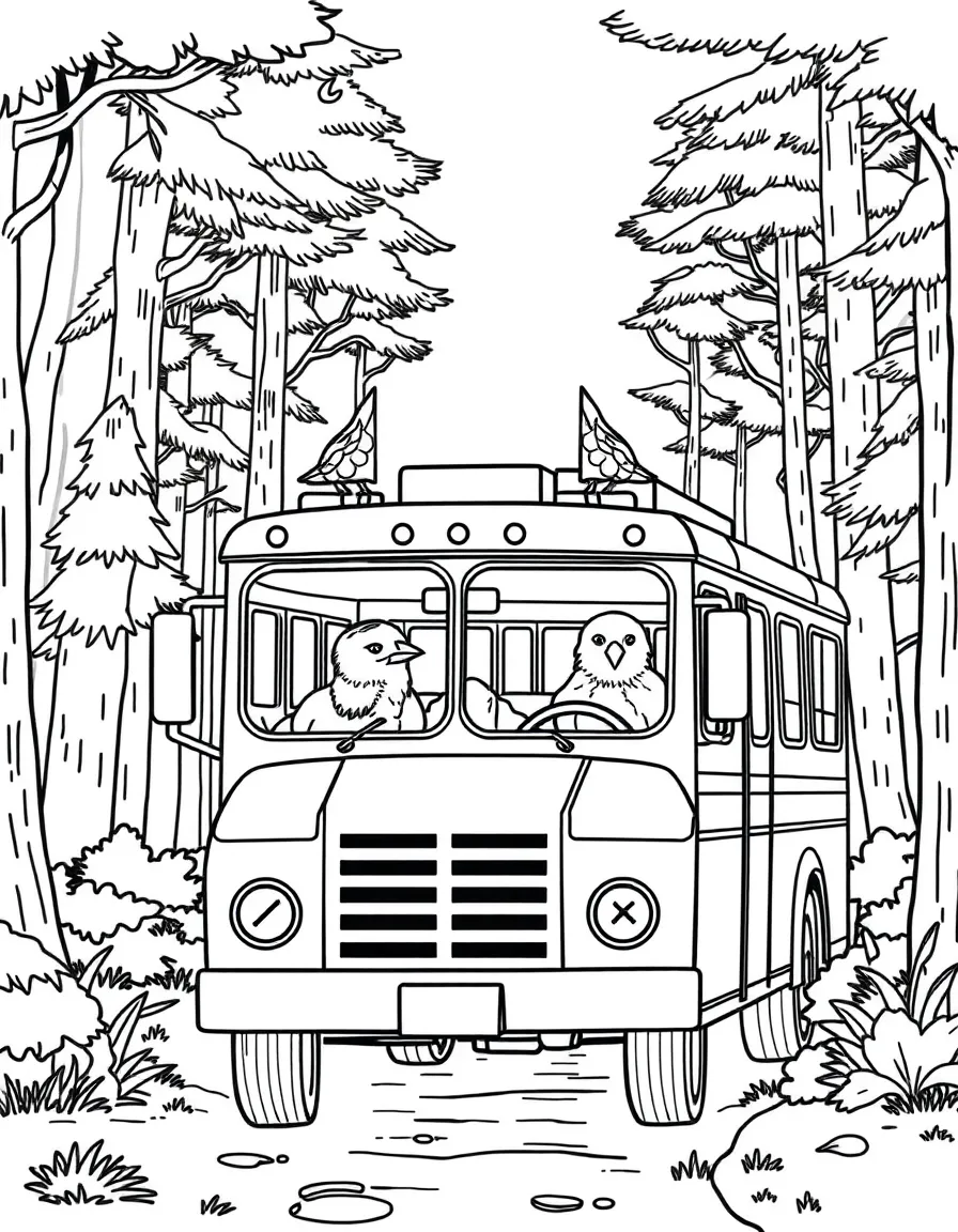 A bird watching tour bus in a forest setting
