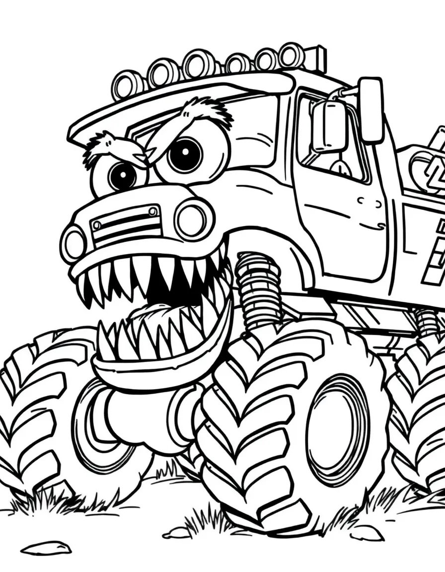 A monster truck with creature features and teeth