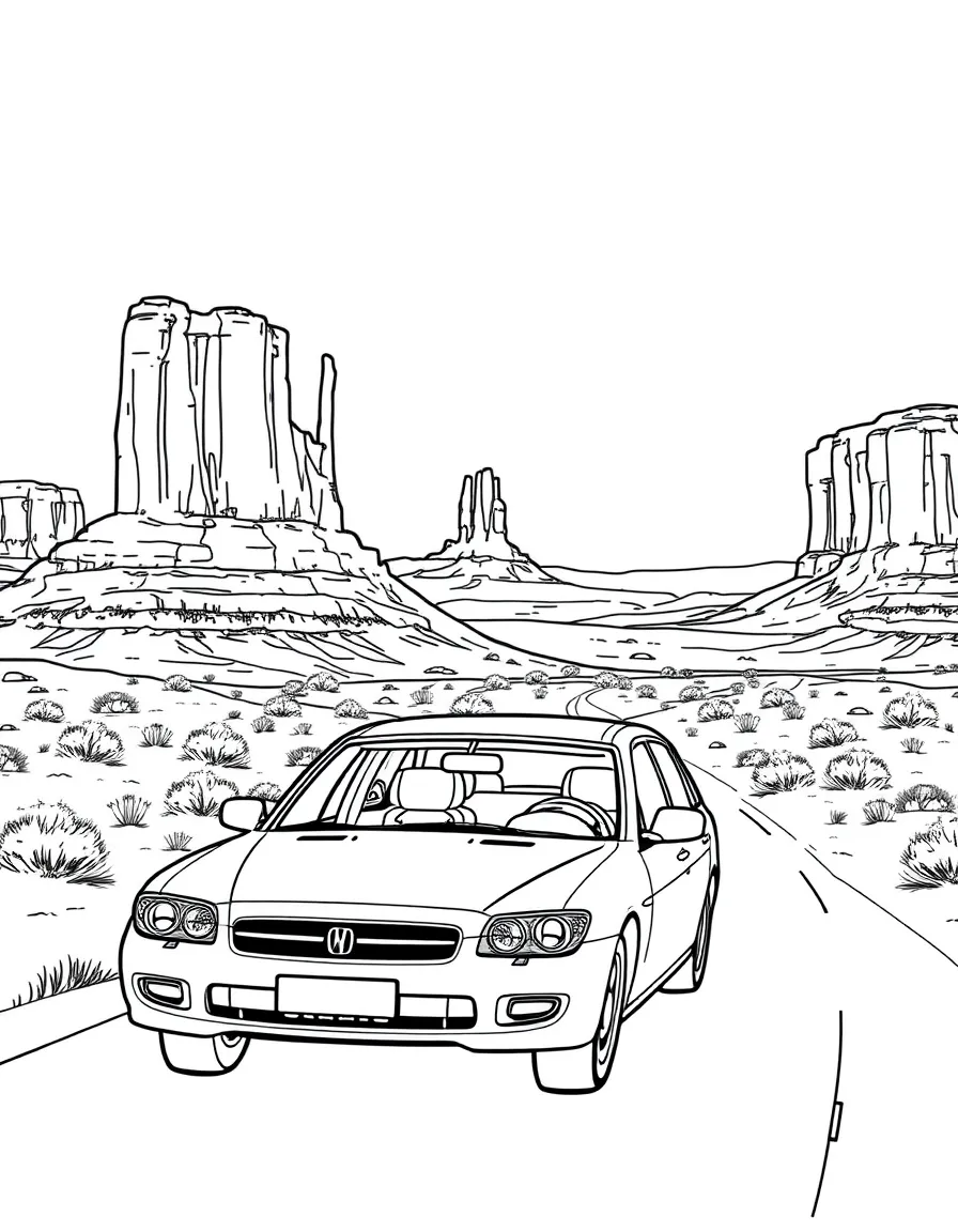 A car driving through Monument Valley with buttes